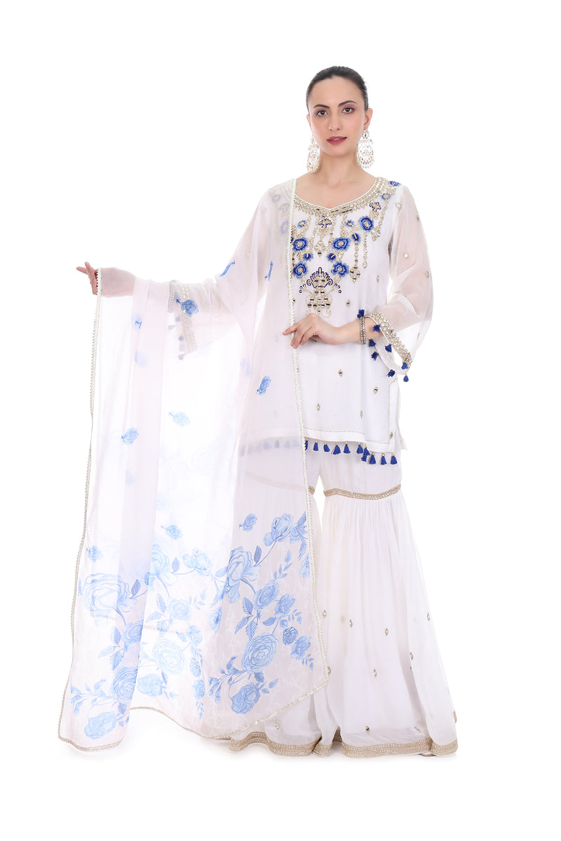 White Short Kurta Mirror Embroidered Sharara & Printed Dupatta