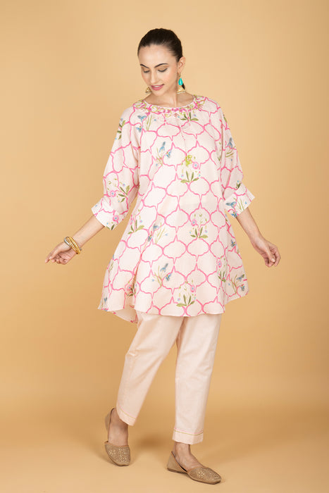 Nude Pink Embroidered Floral Print Short Kurta with Solid Pants