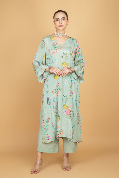 Green Floral Printed Sequin Embroidery Kurta with Pant & Dupatta Set