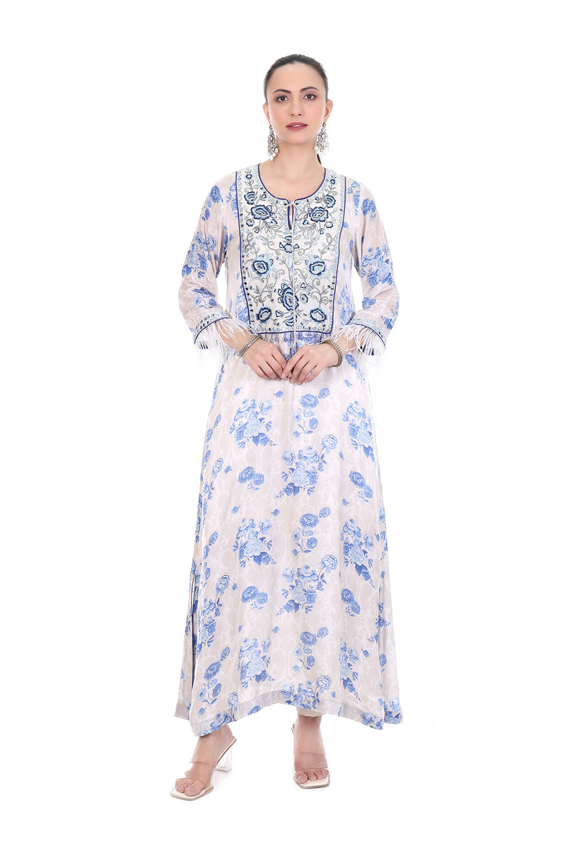 Blue White Floral Printed Embroidered Kaftaan with Pants Set