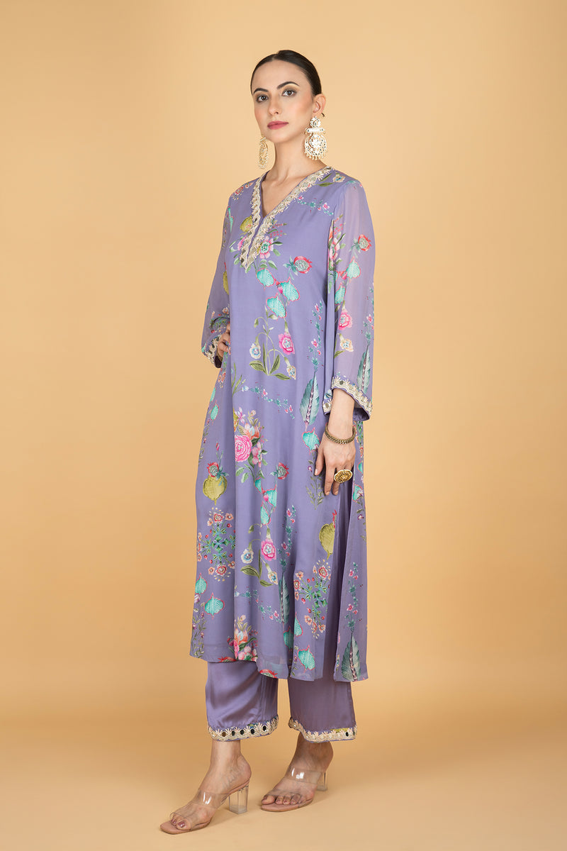 Purple Floral Print Mirror Embroiderd Kurta With Pants & Dupatta