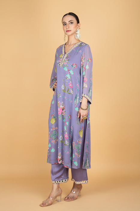 Purple Floral Print Mirror Embroiderd Kurta With Pants & Dupatta