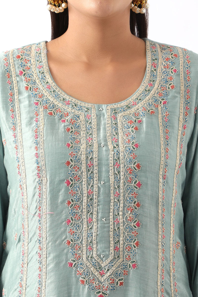 Ice Blue Embroidered A-Line Kurta & Dhoti Set