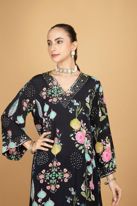 Black Floral Printed Sequin Embroidery Kurta with Pant & Dupatta Set