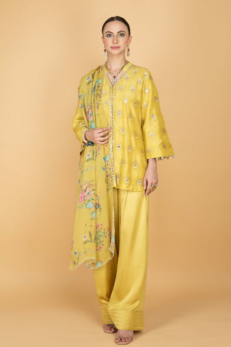 Lime Yellow Mirror Butti Embroidered Short Kurta with Farsi Salwar & Printed Dupatta