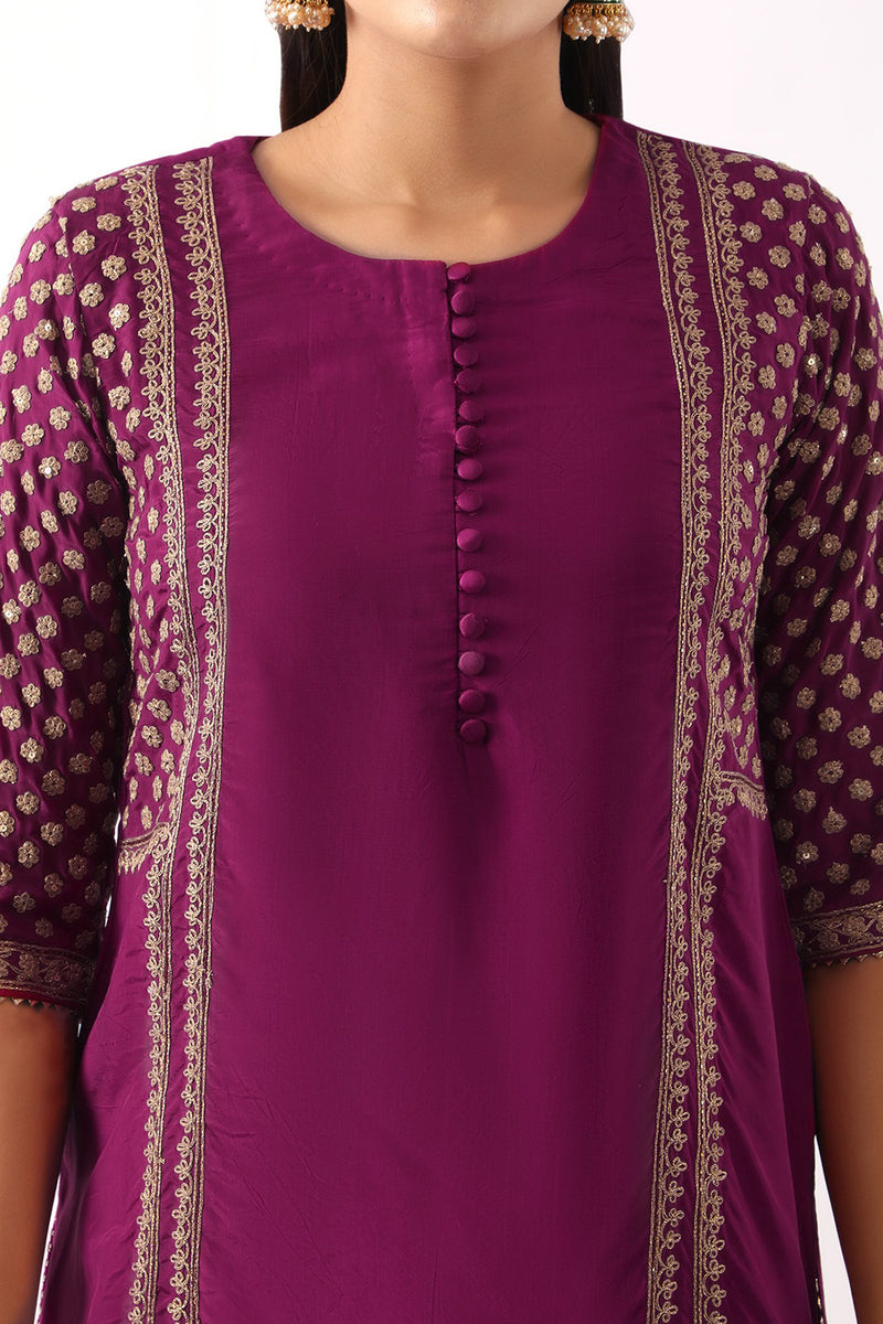 Magenta Pink yoke & sleeve embroidered short kurta & Salwar set