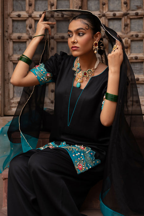 Midnight Noir Hand-Embroidered Farshi Set