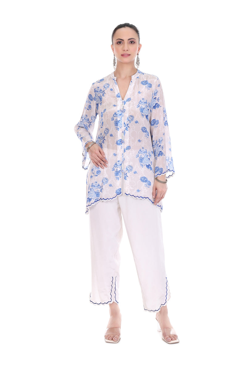 Blue White Floral Printed Cord Set