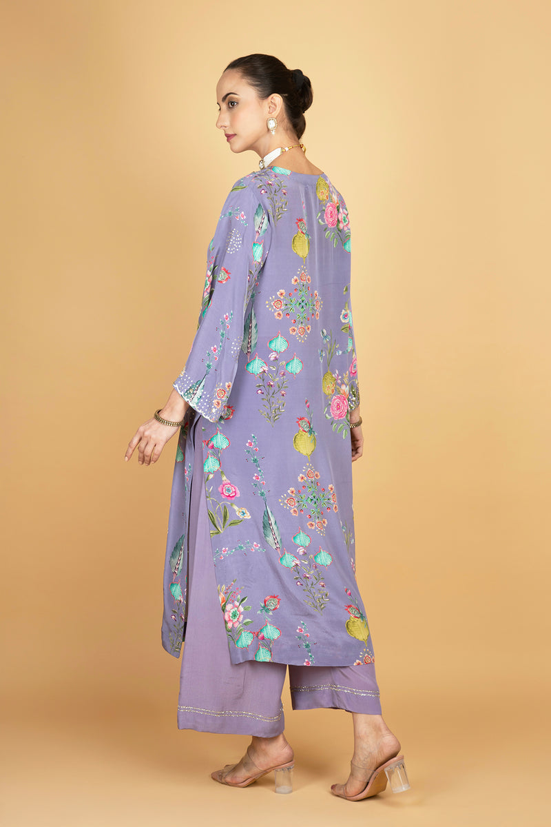 Purple Floral Printed Sequin Embroidery Kurta with Pant & Dupatta Set