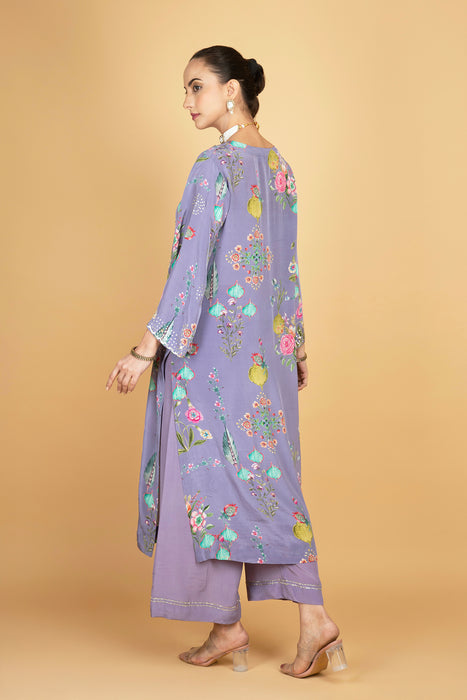 Purple Floral Printed Sequin Embroidery Kurta with Pant & Dupatta Set