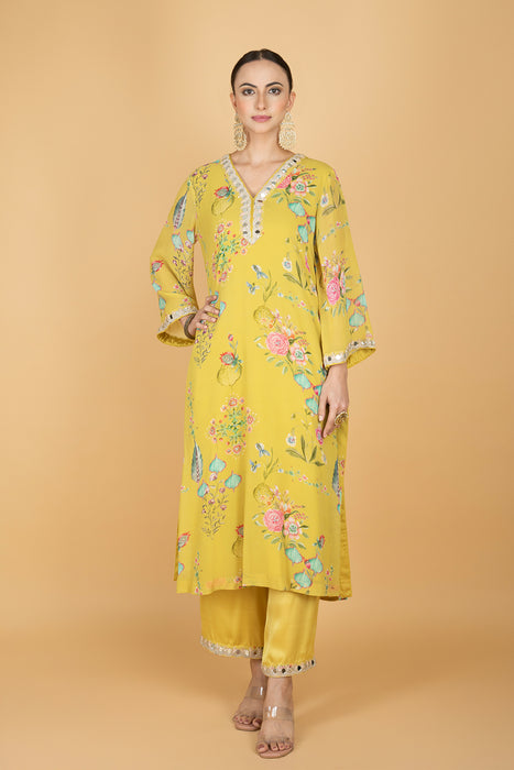 Lemon Yellow Floral Print Mirror Embroidered Kurta With Pants & Dupatta