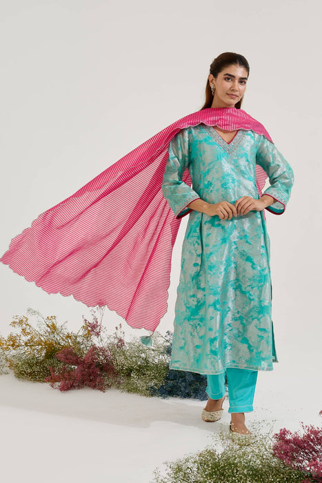 Aqua Dori Jacquard Kurta with Narrow Pants and Dupatta - Set of 3