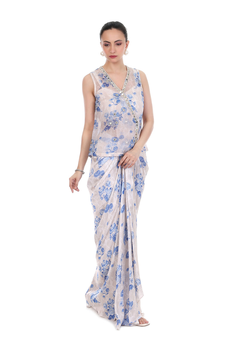 Blue White Sleeveless Jacket with Bustier & Drape Skirt