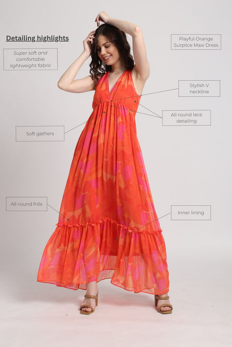 Playful Orange Surplice Maxi Dress