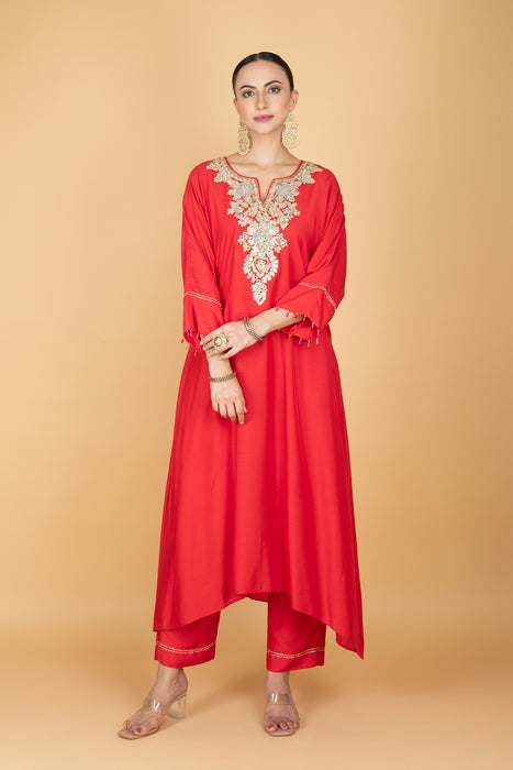 Red Embroidered Kaftaan  Kurta With Pants