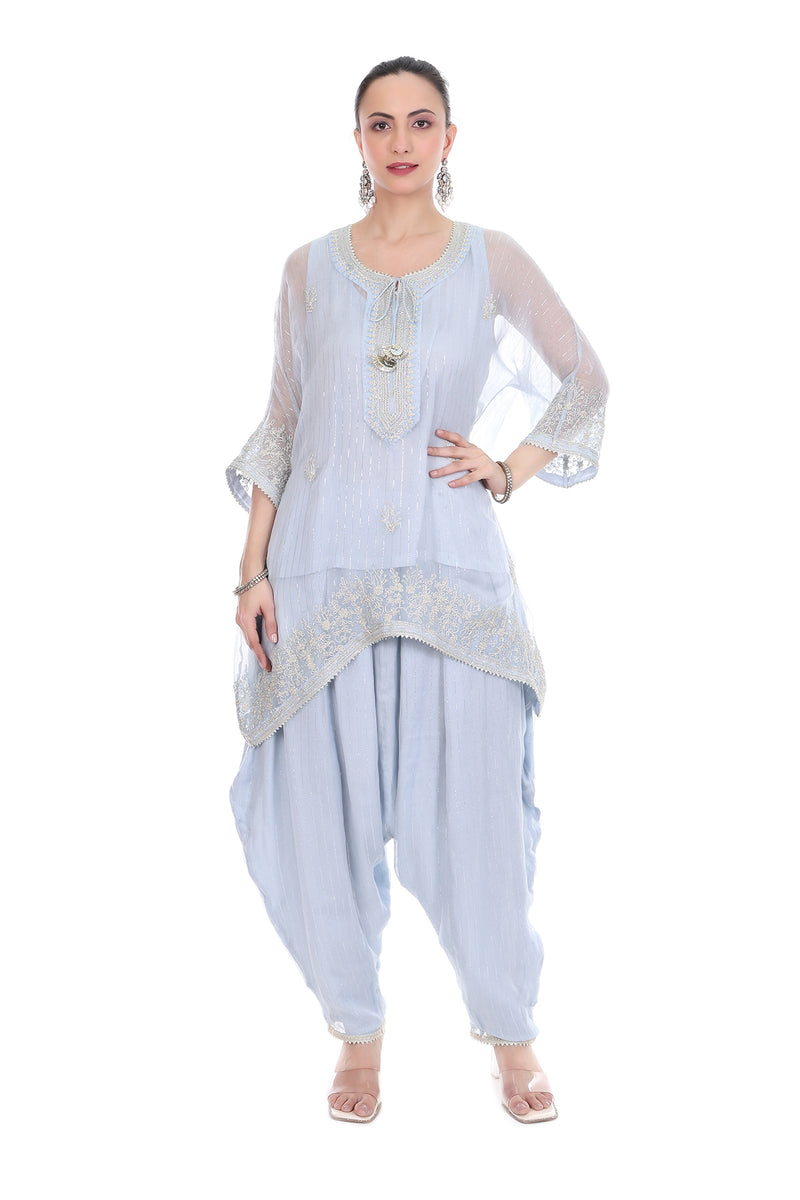 Blue Embroidered High Low Kaftaan  with Heram Pants