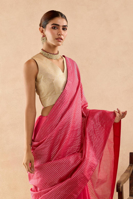 Fuchsia Pink Chanderi Saree with Stripe Pallu with Dupion Zari Blouse