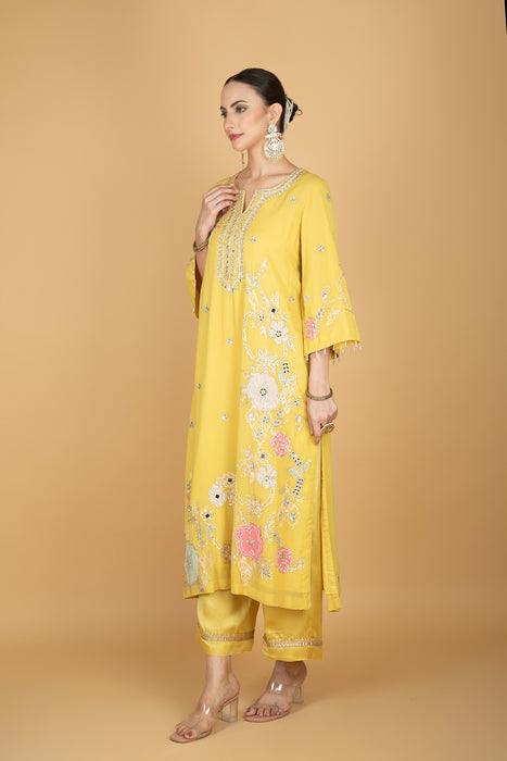 Lime Yellow  Embroidered Kurta W/Pant & Dupatta
