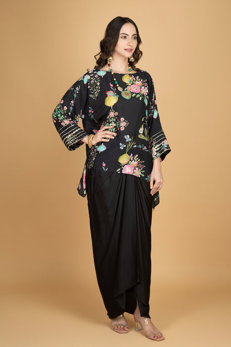 Black Printed Embroidered High Low Top W/Drape Skirt
