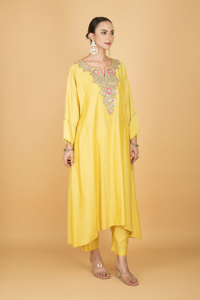 Lemon Yellow Embroidered Kaftaan  Kurta With Pants