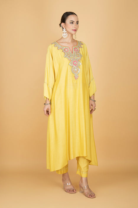 Lemon Yellow Embroidered Kaftaan  Kurta With Pants