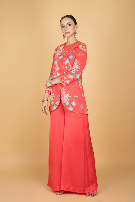 Coral Pink Floral Print Embroidered Overlay Top  W/Pants