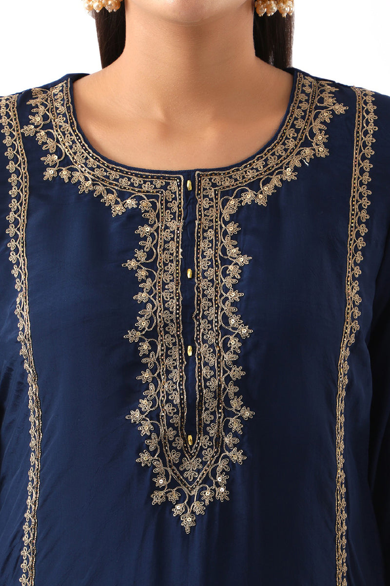 Midnight Blue Neck Embroidered Kurta & Dhoti Set