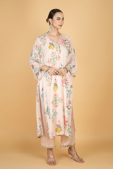 Nude Pink Floral Print Mirror Embroidered Kurta With Pants & Dupatta