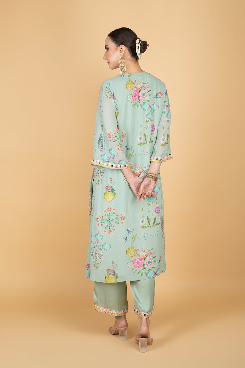 Green Floral Print Mirror Embroiderd Kurta With Pants & Dupatta
