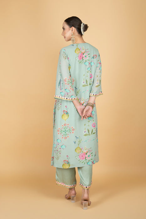 Green Floral Print Mirror Embroiderd Kurta With Pants & Dupatta