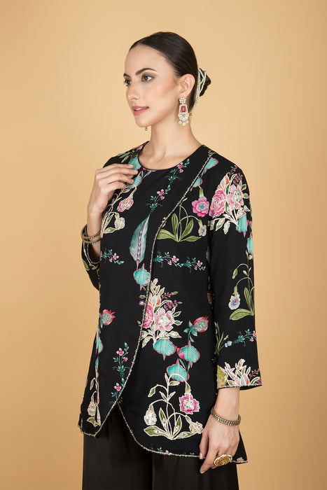 Black Floral Print Embroidered Overlay Top With Pants