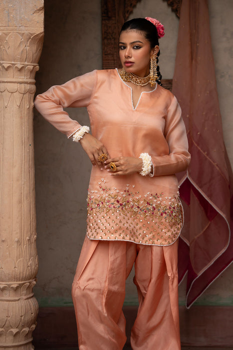 Peach Pink Hand-Embroidered Farshi Set