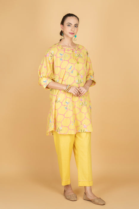 Lemon Yellow Embroidered Floral Print Short Kurta with Solid Pants