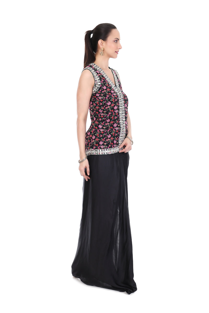 Black Mirror Embroidered Floral Print Jacket with Drape Skirt