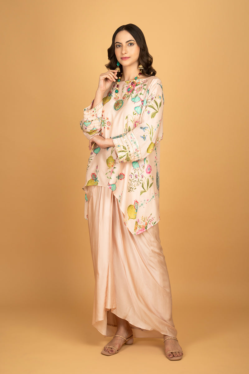 Nude Pink Printed Embroidered High Low Top W/Drape Skirt