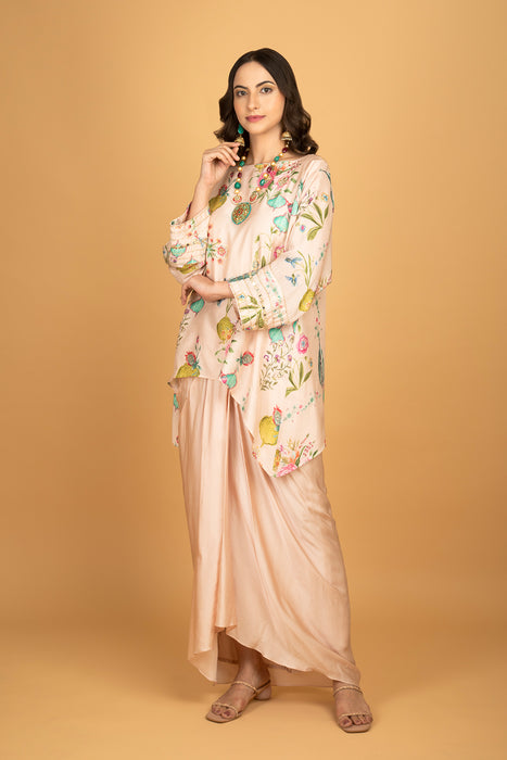 Nude Pink Printed Embroidered High Low Top W/Drape Skirt