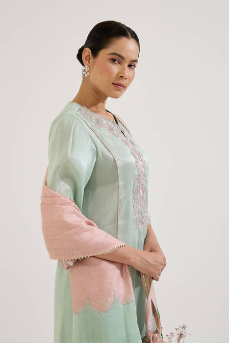 Mint Lotus Applique Tissue Kurta with Narrow Pants and Dupatta - Set of 3
