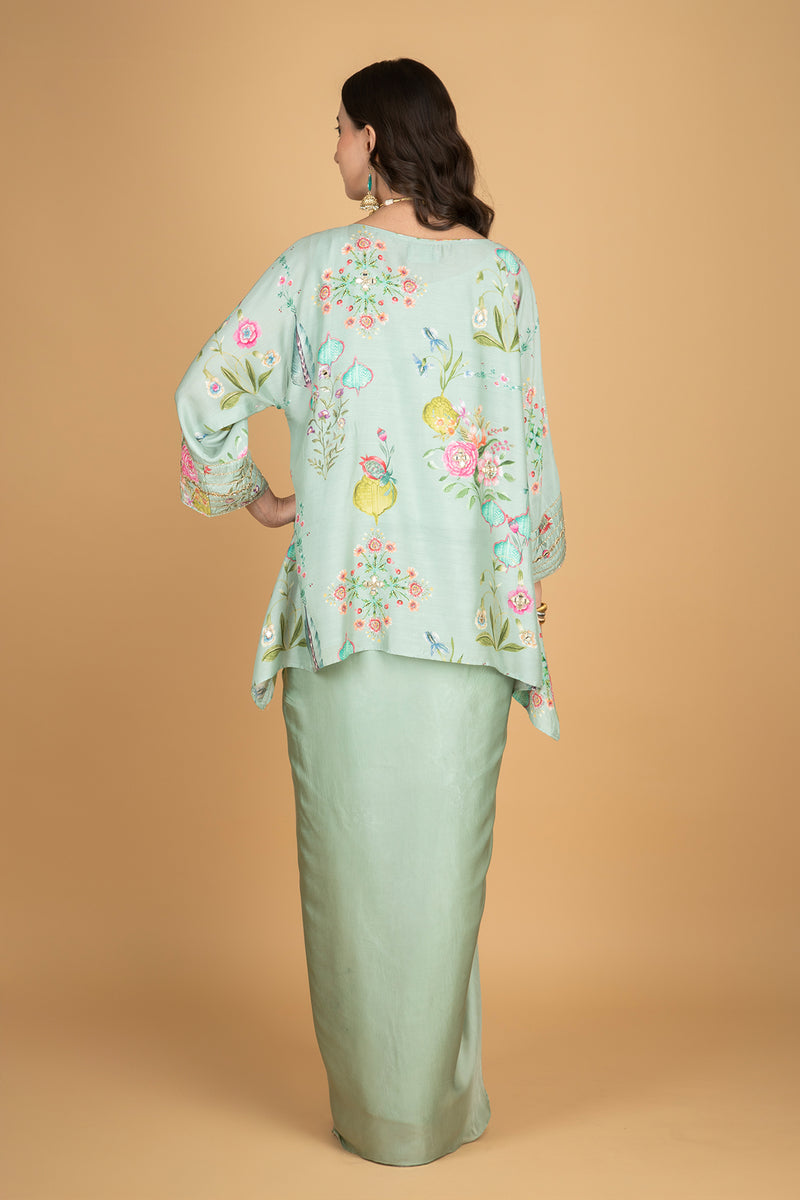Green Printed Embroidered High Low Top W/Drape Skirt