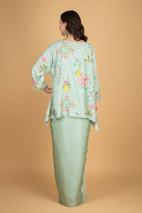 Green Printed Embroidered High Low Top W/Drape Skirt