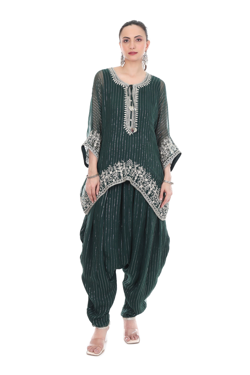 Green Embroidered High Low Kaftaan with Heram Pants