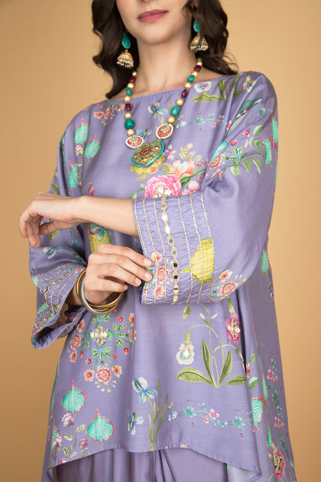 Purple Printed Embroidered High Low Top W/Drape Skirt