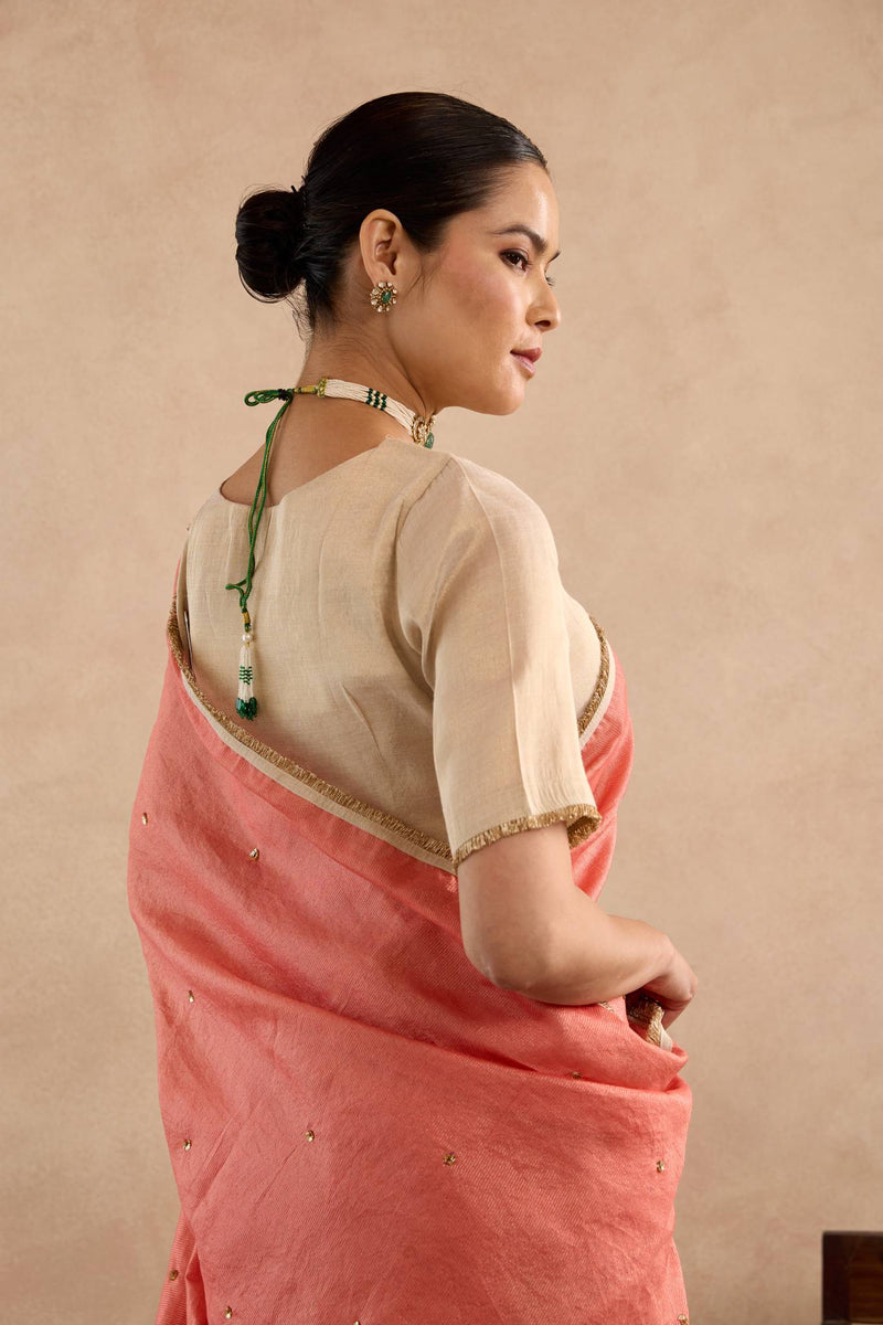 Red Gold Sequins Chanderi Stripe Saree with Tissue Blouse