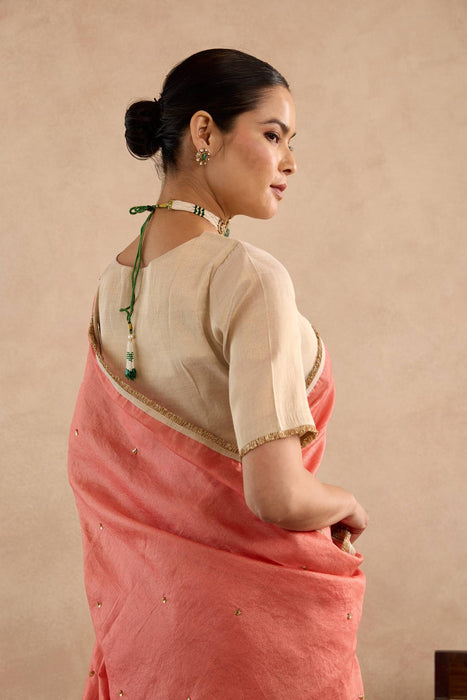 Red Gold Sequins Chanderi Stripe Saree with Tissue Blouse