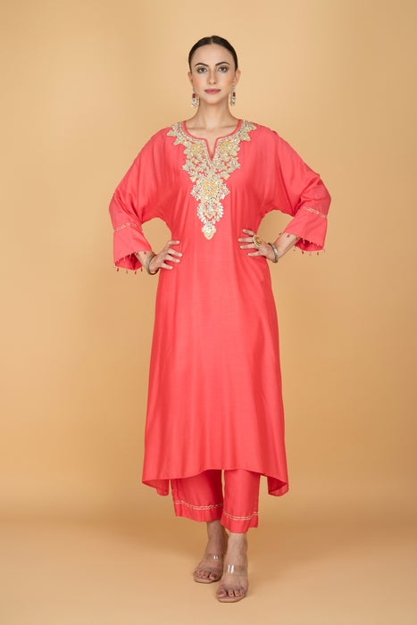 Coral Pink  Embroidered Kaftaan  Kurta With Pants