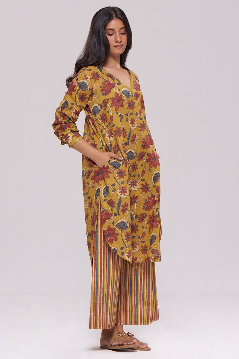 Mustard and Brick Red Floral Kurta and Stripe Bottom Set