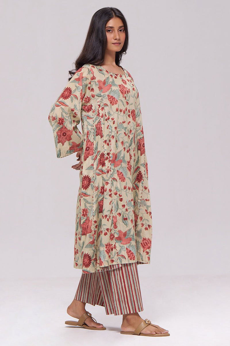 Vintage Beige and Rose Floral Print Kurta and Stripe Bottom Set