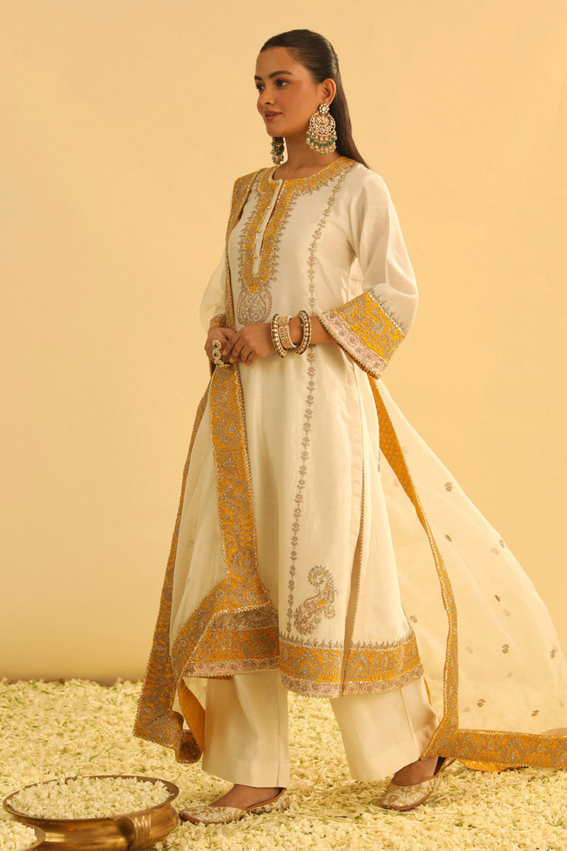 Asmira - Daisy Ivory Long Kurta with Palazzo & Dupatta