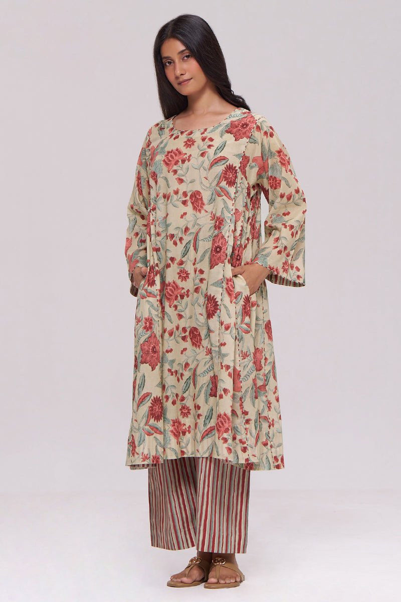 Vintage Beige and Rose Floral Print Kurta and Stripe Bottom Set