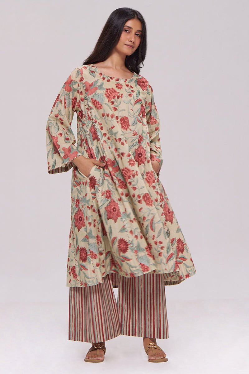 Vintage Beige and Rose Floral Print Kurta and Stripe Bottom Set