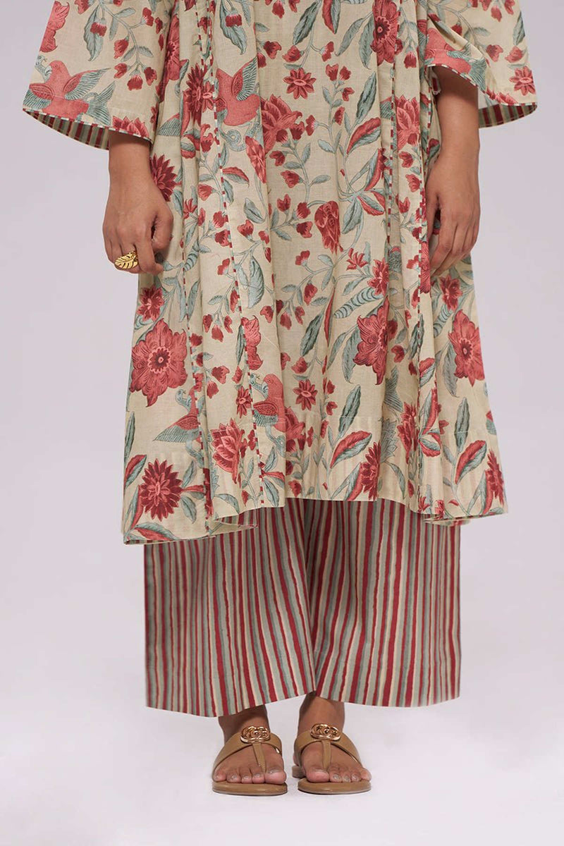 Vintage Beige and Rose Floral Print Kurta and Stripe Bottom Set